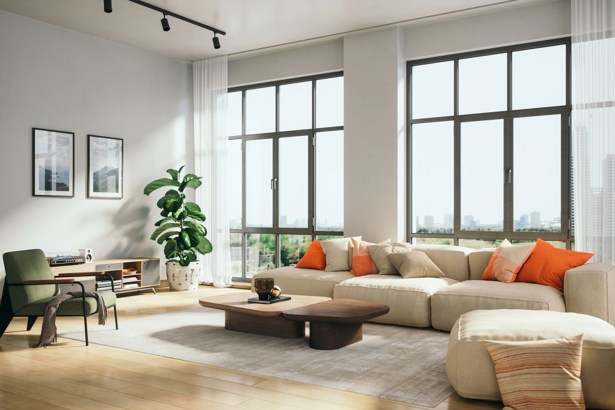 modern living room with curtains and sofa